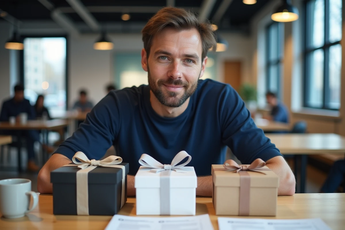 Entrepreneur comparant plusieurs modèles de boîtes cadeaux de fournisseurs différents dans un espace de coworking
