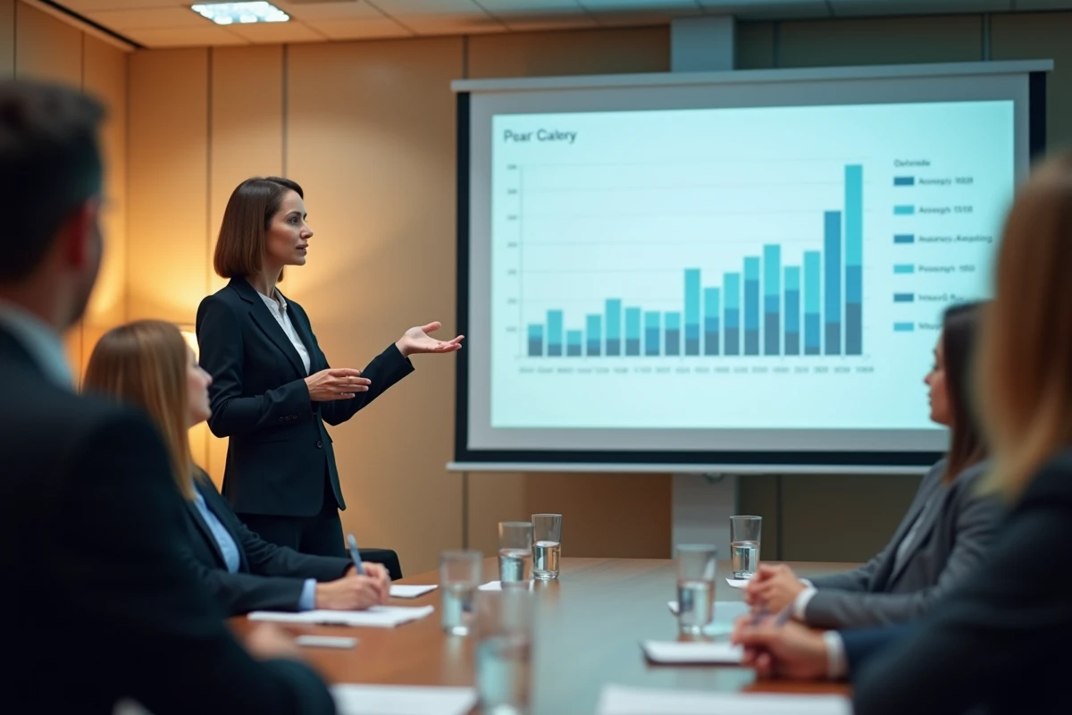 Femme conférencière devant un diagramme dans une salle de réunion lumineuse