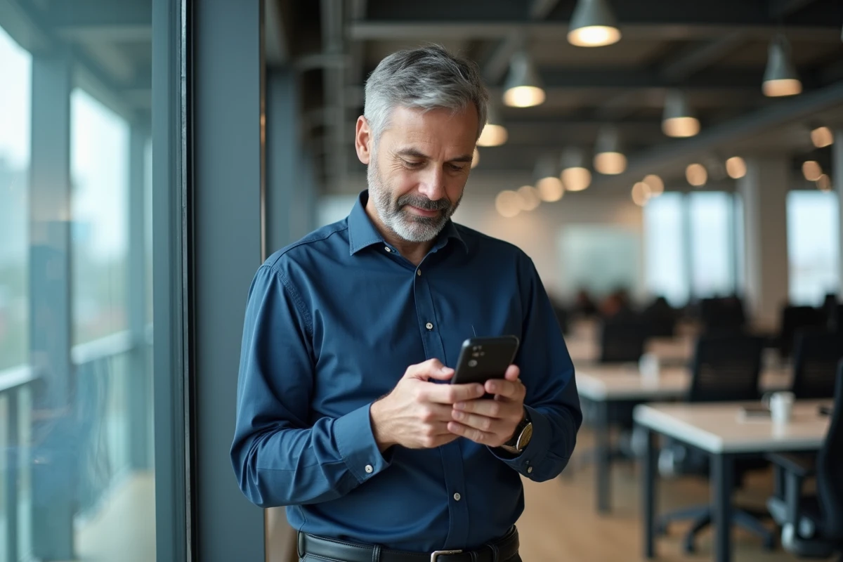 Homme consultant myPrimobox sur smartphone dans un bureau professionnel moderne
