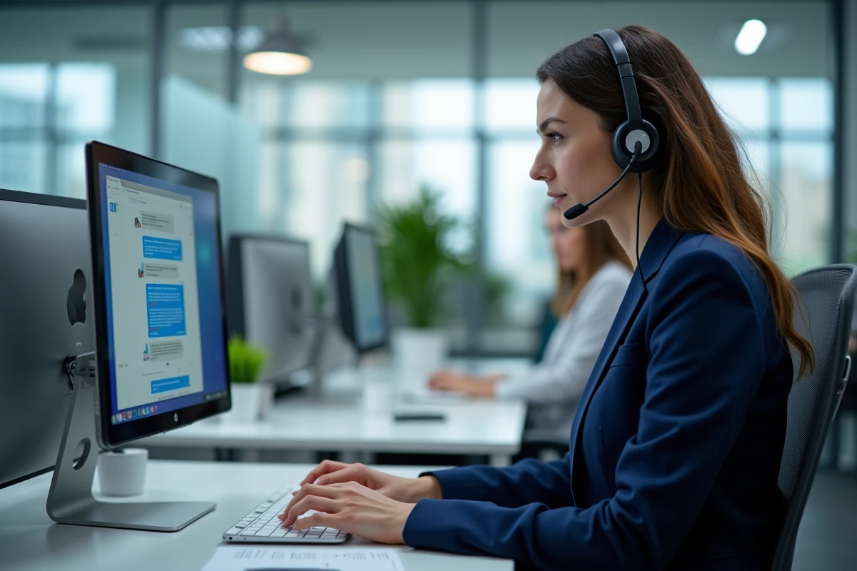 Conseillère en support client utilisant un logiciel de livechat dans un bureau moderne