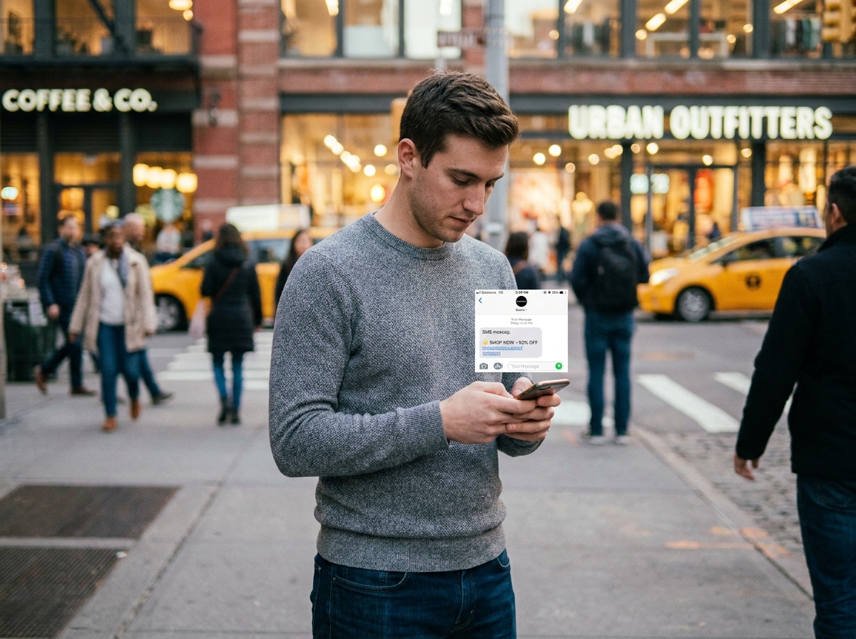 Jeune homme consultant un SMS promotionnel sur smartphone en milieu urbain, représentant le consommateur cible du marketing mobile