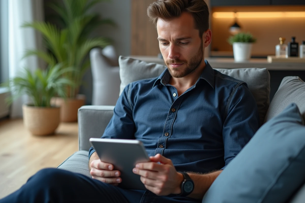 Consultant indépendant parcourant un catalogue de produits Chogan sur tablette depuis son salon