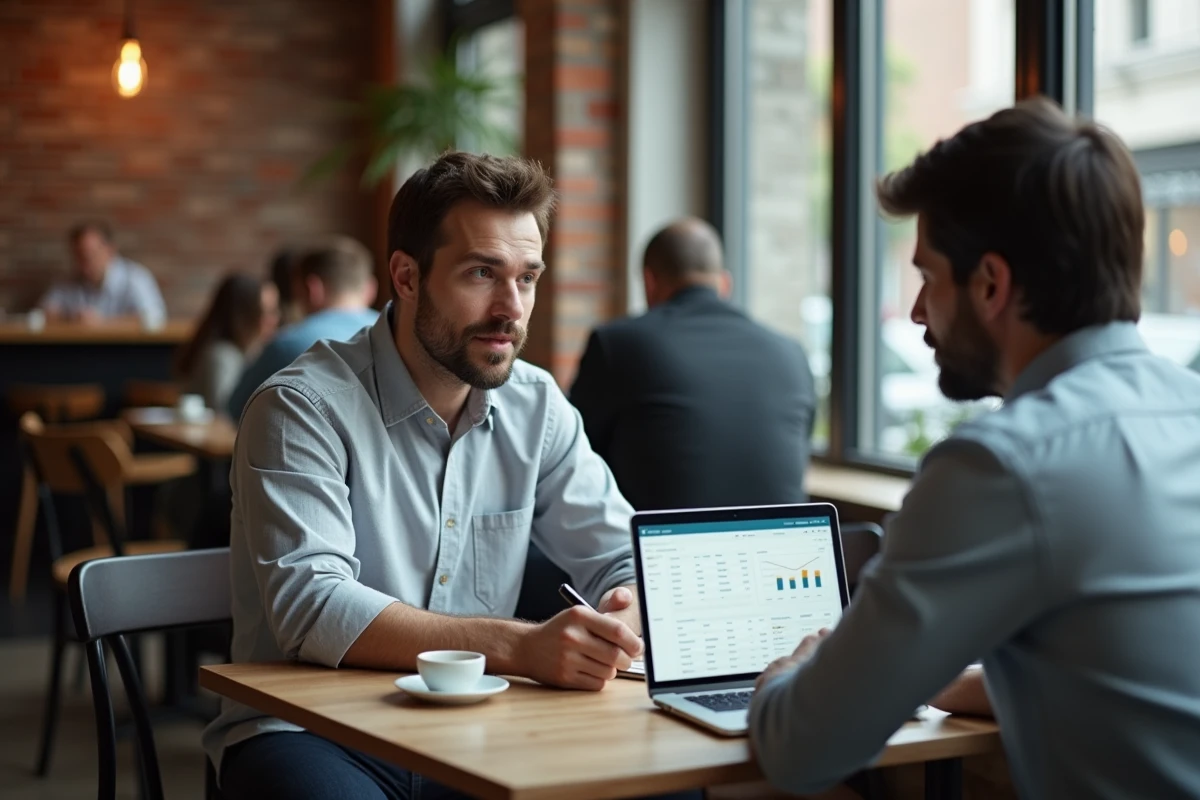Consultant et client discutant d'un acompte sur devis devant un ordinateur portable dans un café