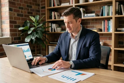 Consultant GEO indépendant analysant des données SEO et de visibilité IA sur un bureau moderne à domicile