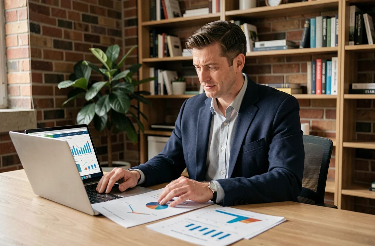 Consultant GEO indépendant analysant des données SEO et de visibilité IA sur un bureau moderne à domicile