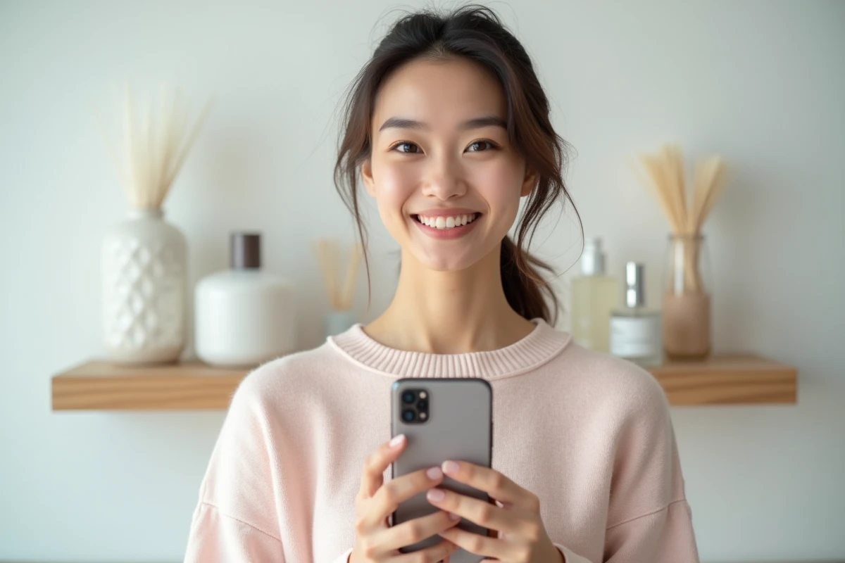 Jeune consultante Chogan filmant une vidéo en direct sur smartphone pour promouvoir des parfums sur les réseaux sociaux
