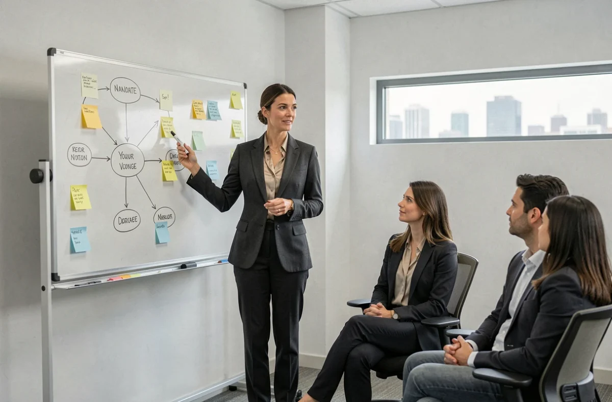 Consultante wyman.fr présentant la structure d'équipe sur un tableau blanc lors d'un atelier client
