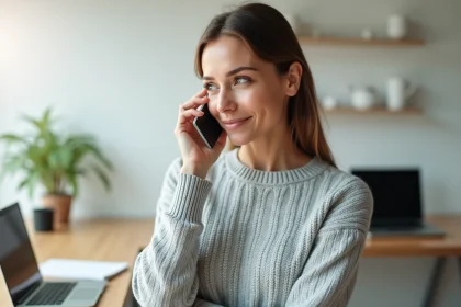Femme utilisant son smartphone pour contacter le service client Orange depuis un autre opérateur