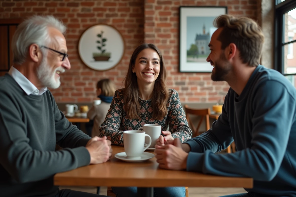 Groupe de trois personnes discutant dans un café convivial