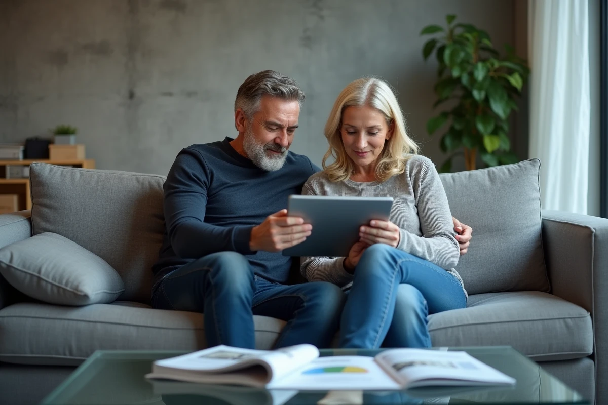 Un couple de particuliers consultant ensemble la plateforme Batiav sur une tablette avant de prendre une décision d'investissement