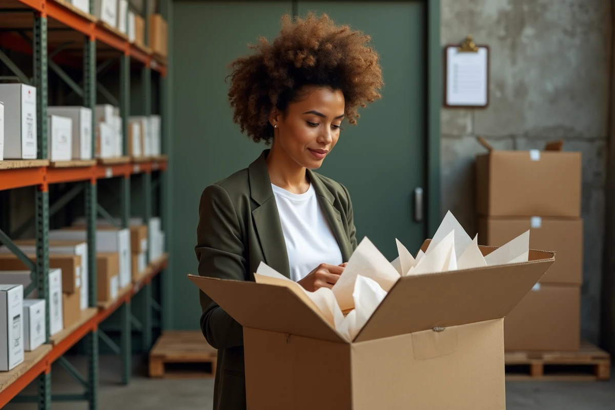Entrepreneuse déballant une livraison de boîtes cadeaux d'un fournisseur dans la réserve de sa boutique