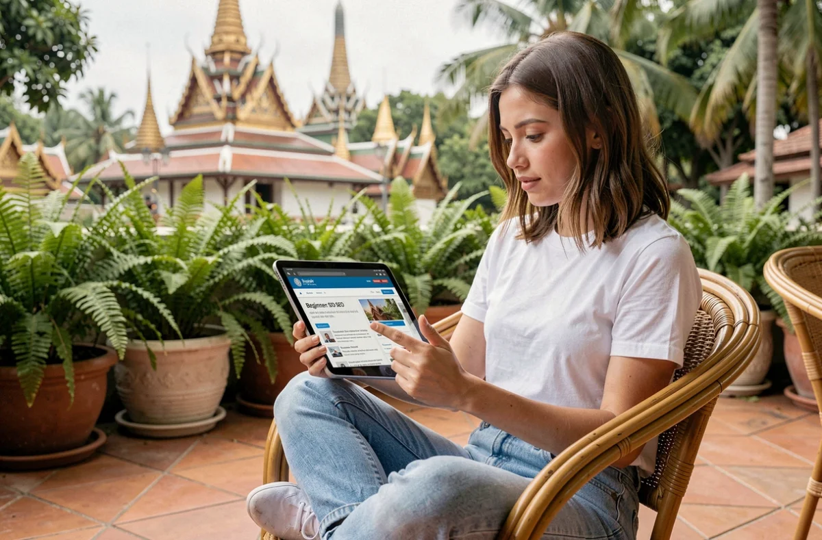 Débutante en référencement naturel découvrant le SEO sur une tablette dans un café en plein air à Chiang Mai