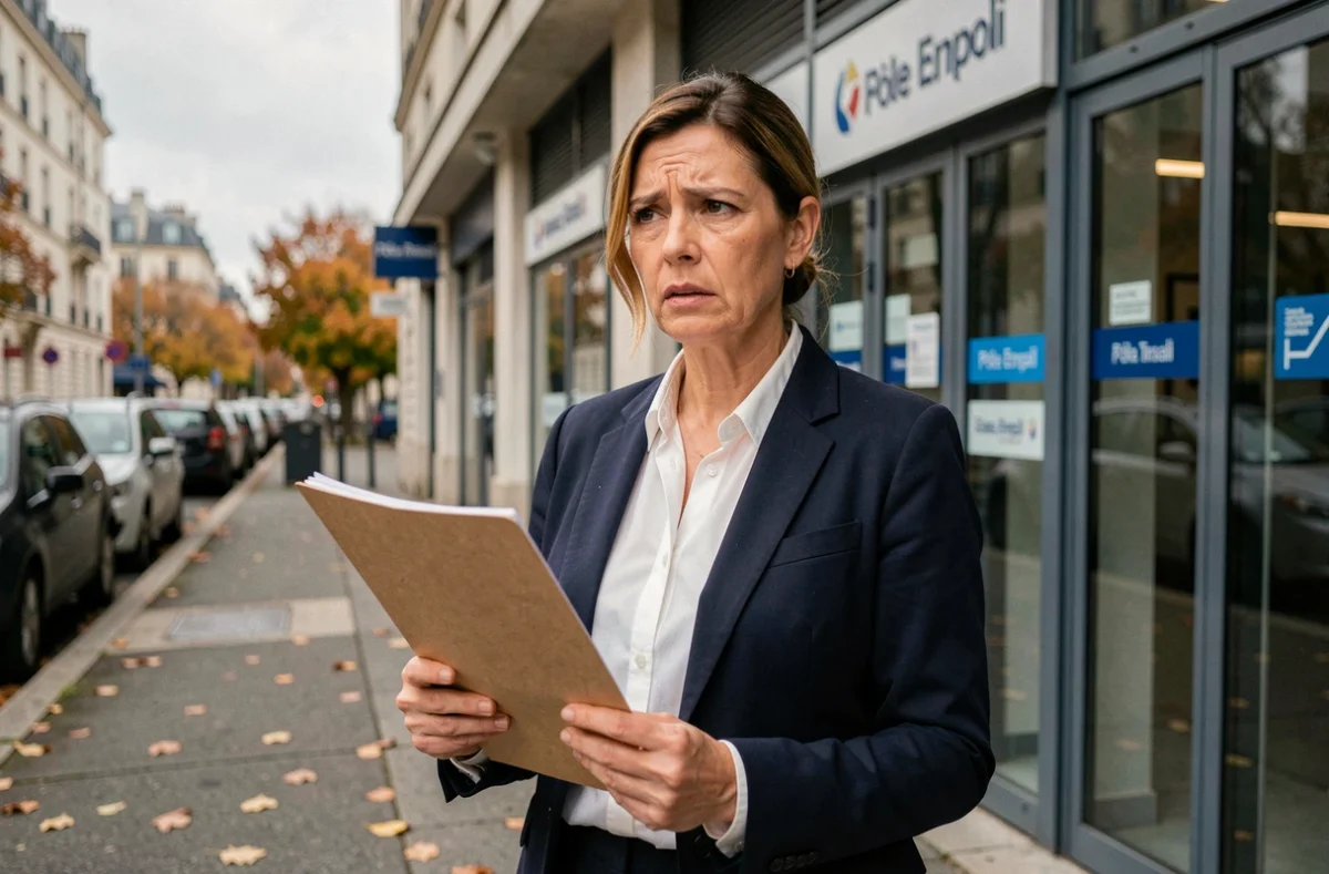Femme devant une agence France Travail tenant un dossier de documents, illustrant une demande d'allocation chômage après licenciement pour faute