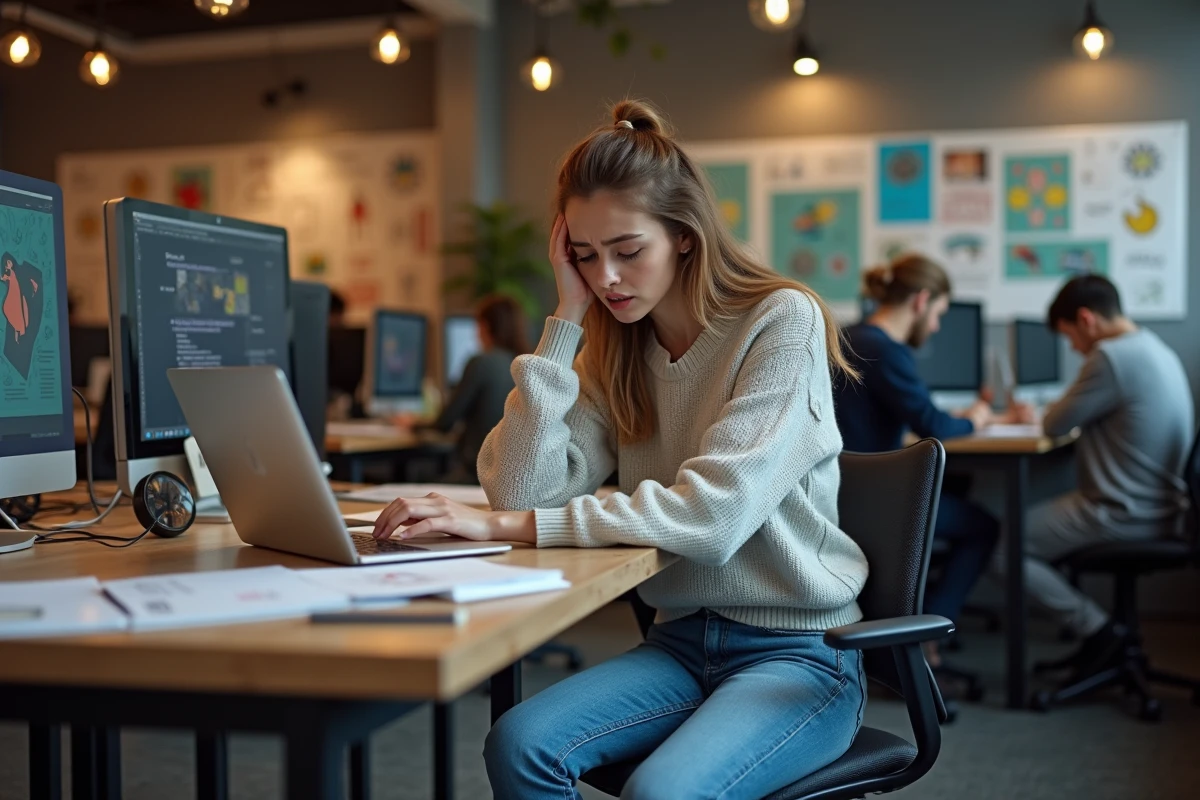 Jeune designer frustrée face à un ordinateur avec œuvre piratée