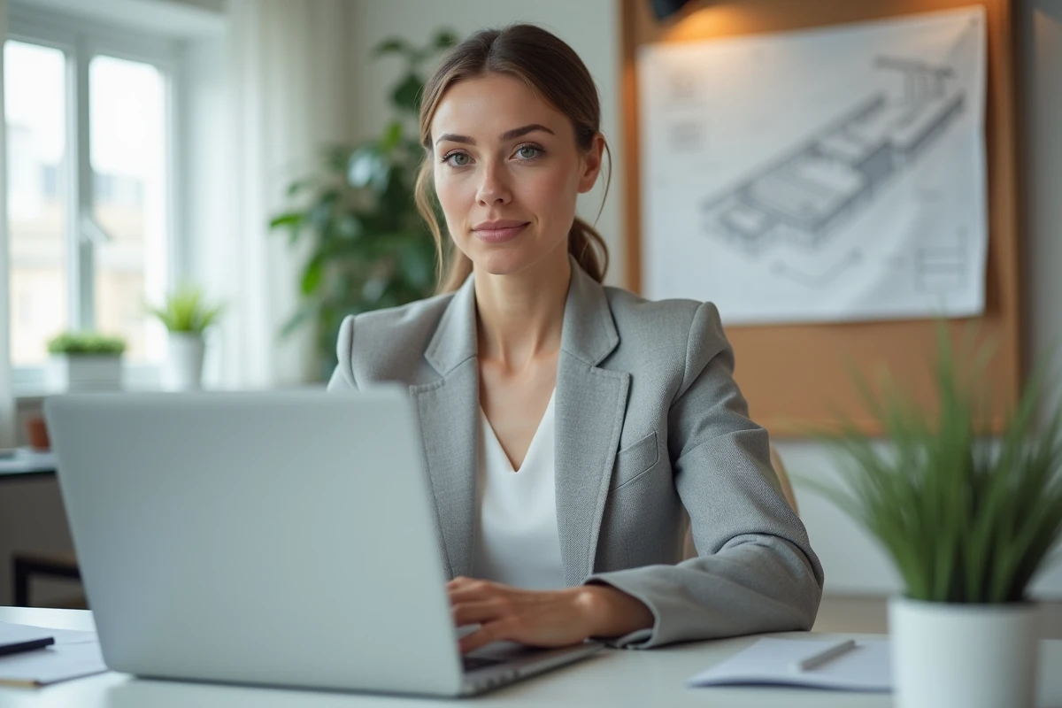 Professionnelle en bureau remplissant un formulaire de devis en ligne BTP sur ordinateur portable avec plans en arrière-plan