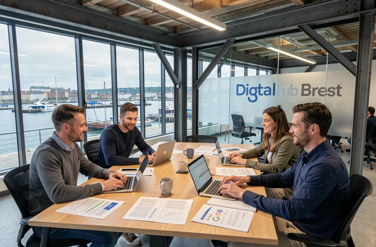 Équipe du Digital Hub Brest travaillant sur des rapports SEO avec le port de Brest en arrière-plan