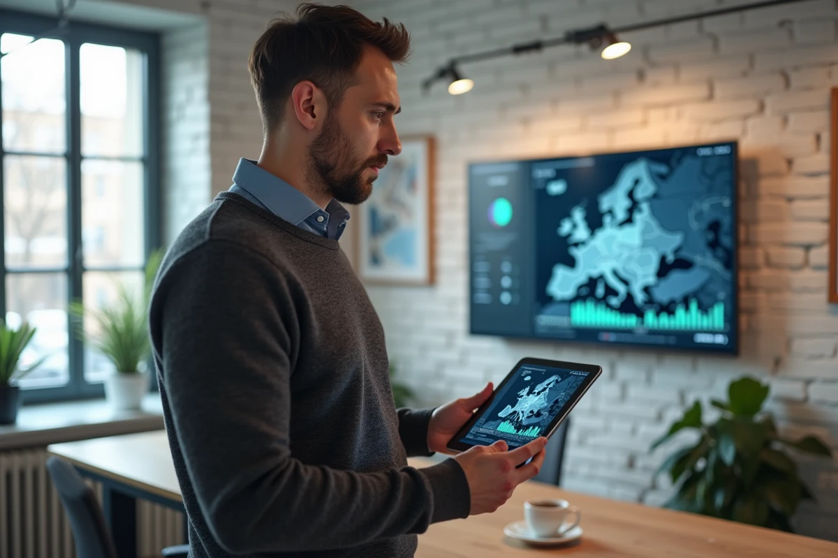 Directeur marketing tenant une tablette avec cartographie de données géolocalisées à Paris dans un studio d'agence minimaliste