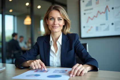 Dirigeante d'entreprise analysant un document structuré sur les rôles et responsabilités dans une salle de réunion moderne