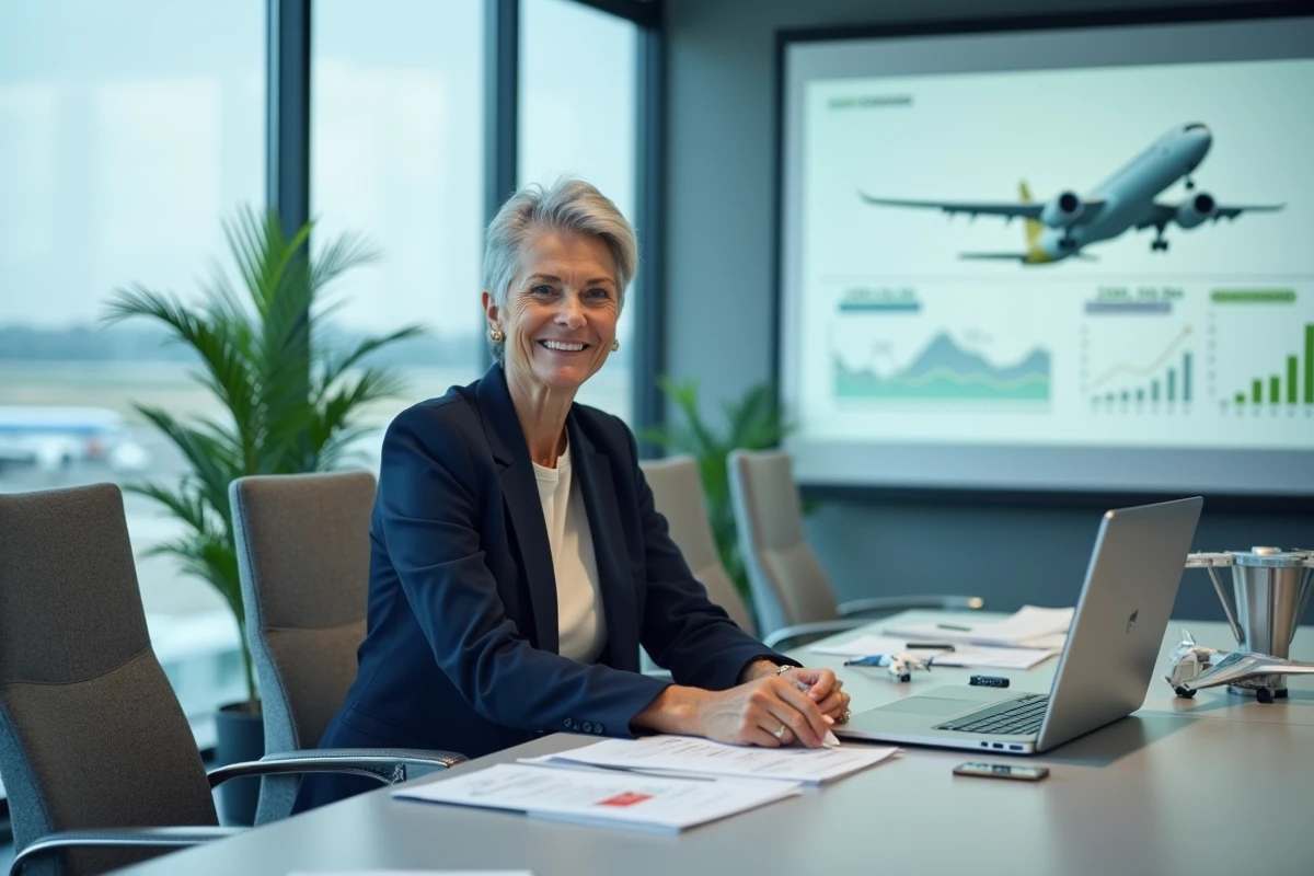 Dirigeante de l'aviation durable en réunion dans une salle de conférence avec vue sur piste d'aéroport, stratégie environnementale des constructeurs aéronautiques Boeing et Airbus