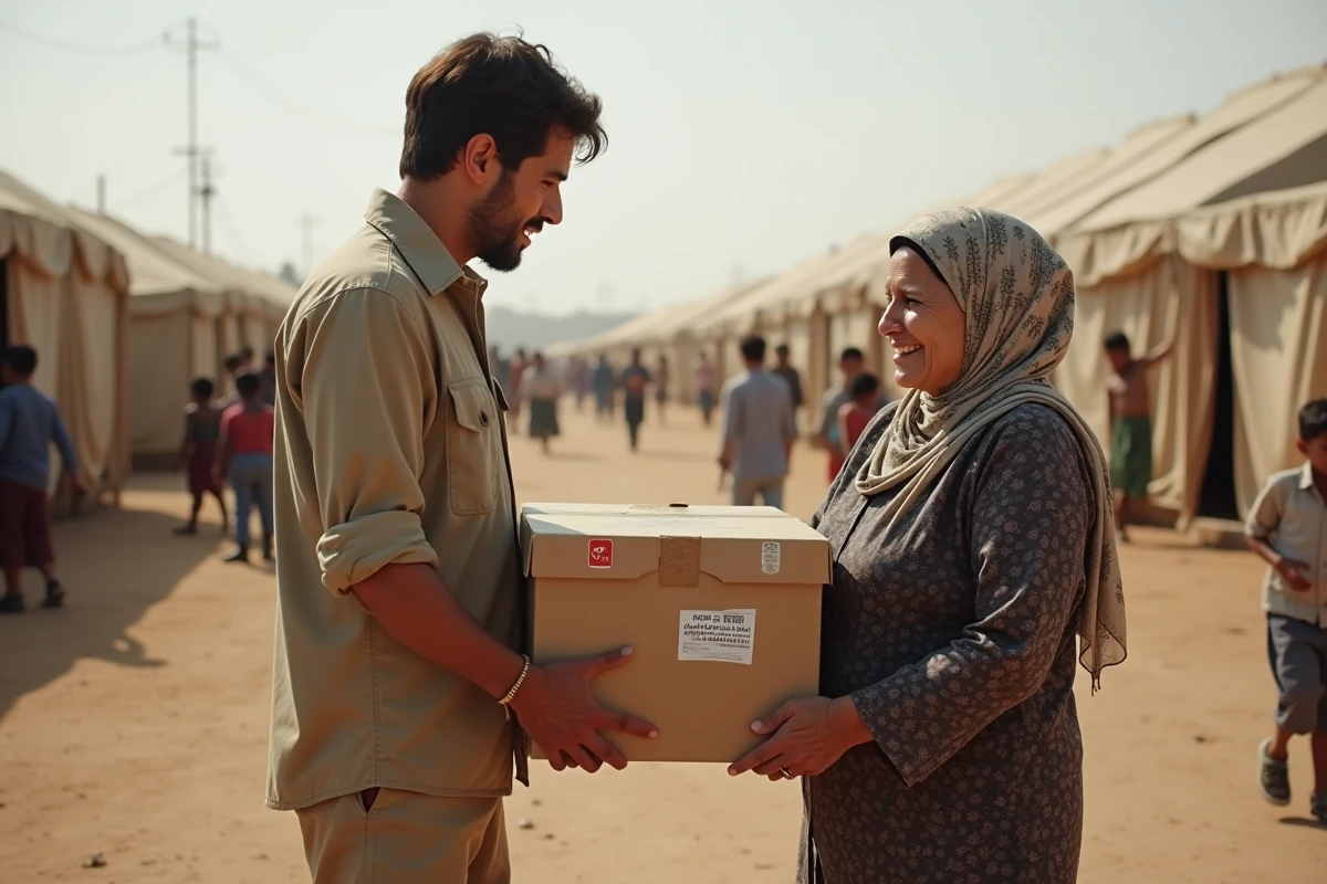 Distribution de matériel médical à une femme dans un camp de réfugiés