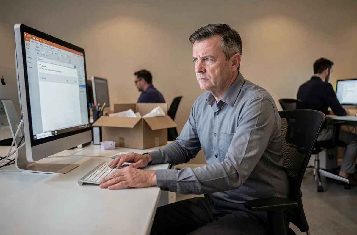 Employé assis seul à son bureau avec une expression résignée, évoquant un abandon de poste et ses conséquences sur le droit au chômage