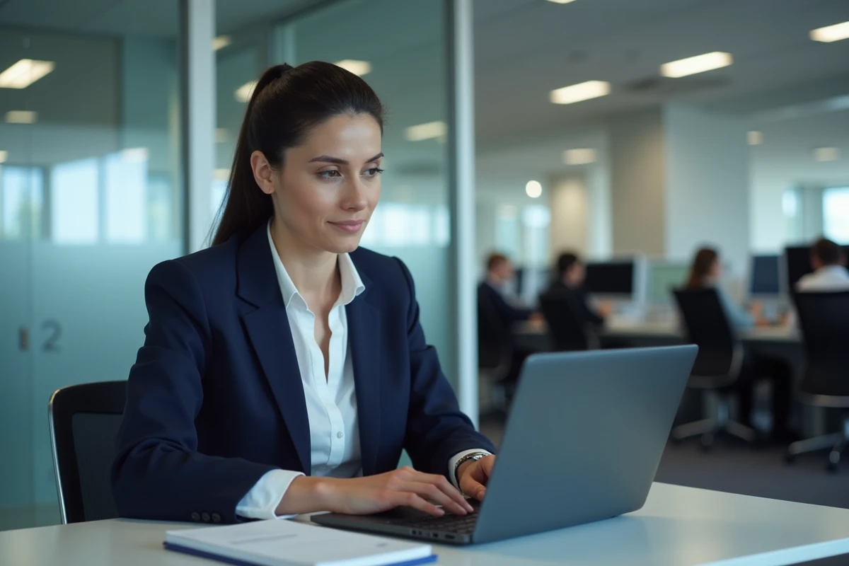 Employée Air France consultant l'intranet RH sur son ordinateur portable dans un bureau moderne