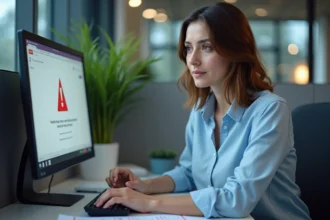 Employée de bureau consultant une liste de dépannage face à un message d'erreur sur son écran d'ordinateur