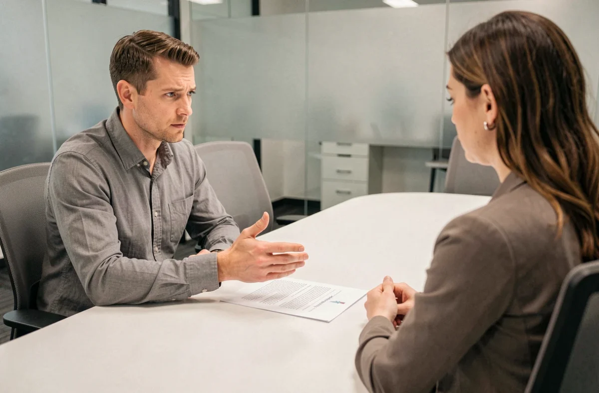 Employé discutant du non-respect du délai de solde de tout compte avec un responsable RH