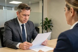 Employé lisant une lettre de licenciement face à son responsable RH dans une salle de réunion d'entreprise