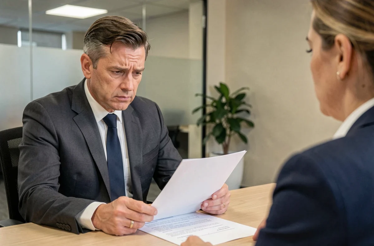 Employé lisant une lettre de licenciement face à son responsable RH dans une salle de réunion d'entreprise