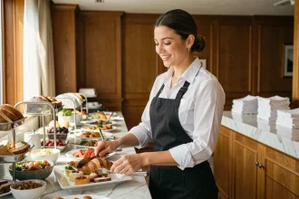 Employée saisonnière en hôtellerie arrangeant un buffet de petit-déjeuner dans une salle à manger d'hôtel élégante