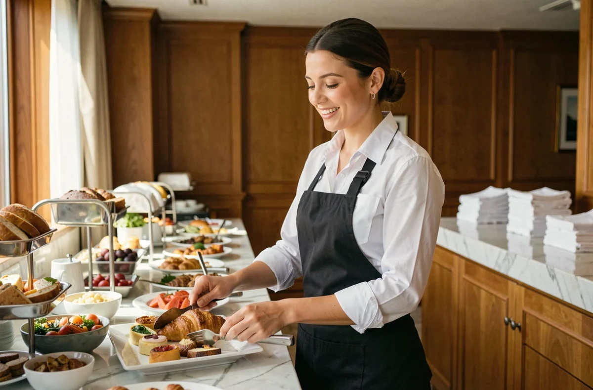 Employée saisonnière en hôtellerie arrangeant un buffet de petit-déjeuner dans une salle à manger d'hôtel élégante