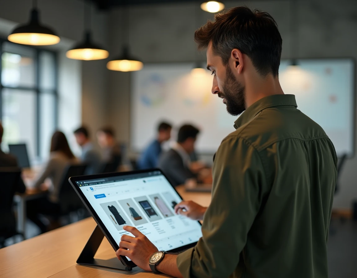 Entrepreneur masculin utilisant une application IA sur tablette pour optimiser les recommandations produits et augmenter le panier moyen en e-commerce