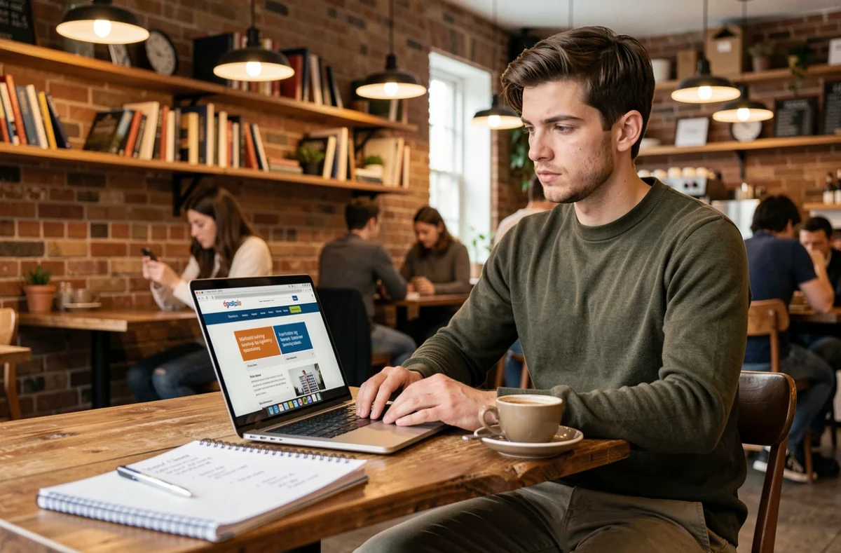 Entrepreneur indépendant évaluant le choix entre une agence classique et Loxia Socia marketing dans un café