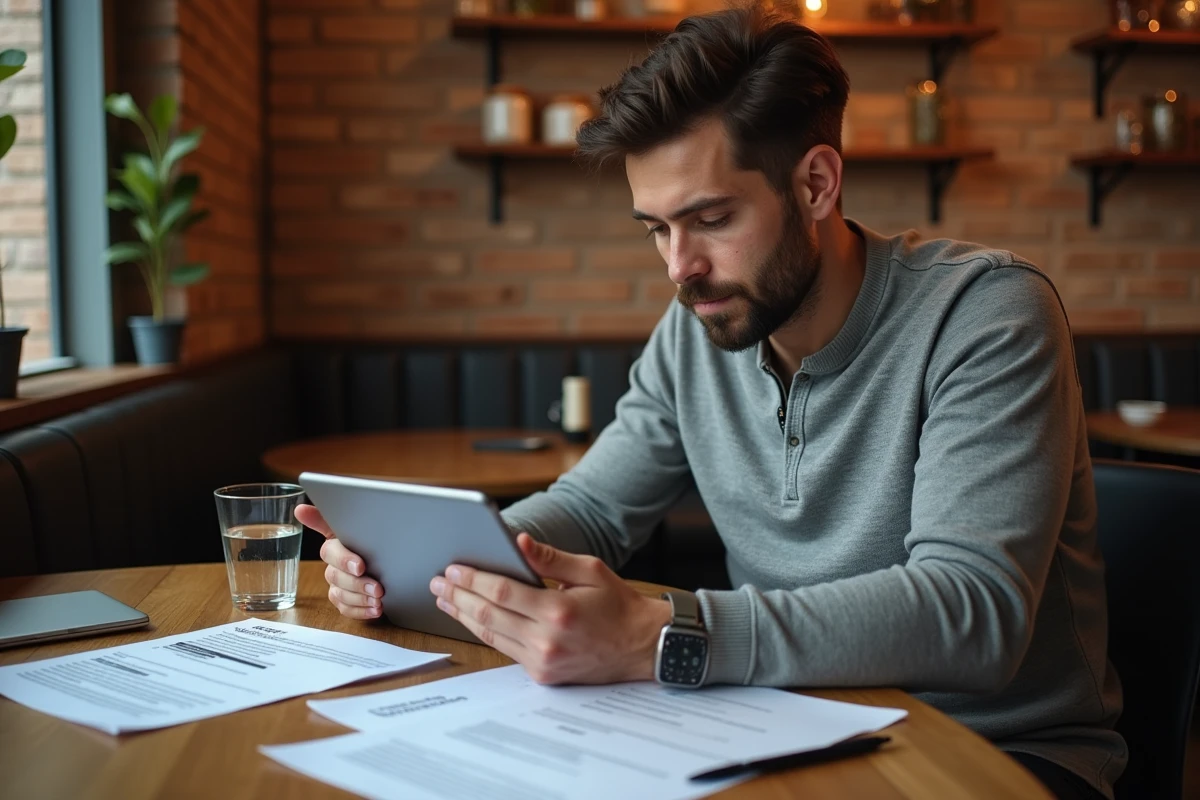 Chef d'entreprise comparant les options livechat et chatbot sur une tablette dans un café