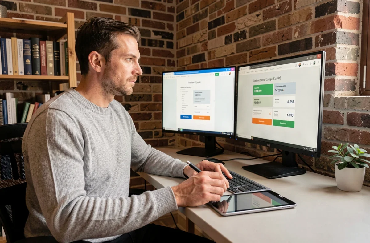 Entrepreneur structurant une offre de services claire sur un site web depuis son bureau à domicile