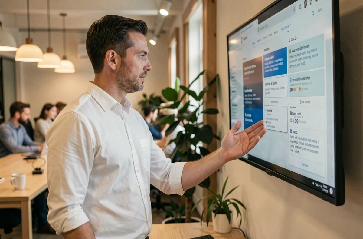 Entrepreneur évaluant les résultats d'optimisation GEO sur un écran dans un espace de coworking moderne