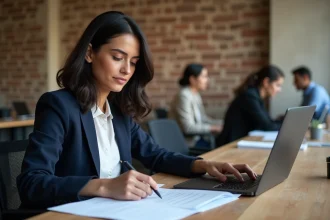 Entrepreneuse française consultant des dossiers d'aides régionales pour son entreprise dans un espace de coworking parisien