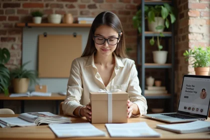 Jeune entrepreneuse évaluant des échantillons de boîtes cadeaux kraft dans son bureau à domicile pour choisir un fournisseur fiable