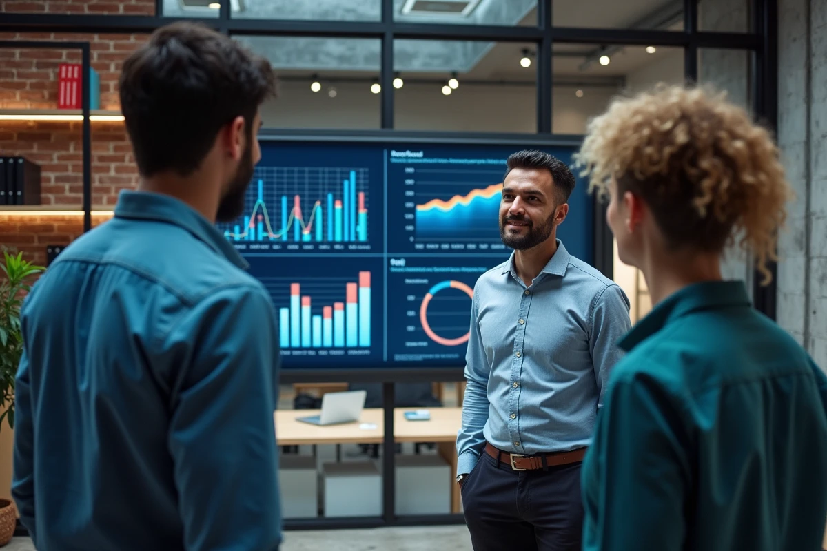 Trois professionnels marketing discutant devant un écran KPI