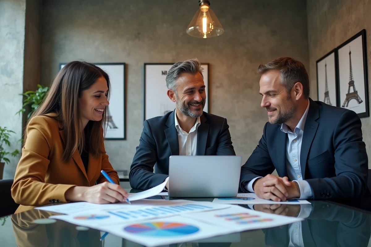 Équipe marketing collaborant autour de données et graphiques dans un espace de coworking parisien avec vue sur la Tour Eiffel