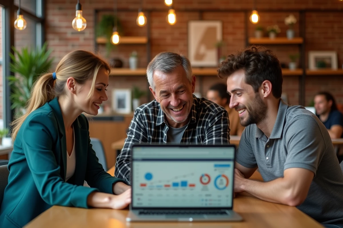 Équipe pluridisciplinaire discutant du choix entre plan bi connexion et accès direct aux données en espace de coworking