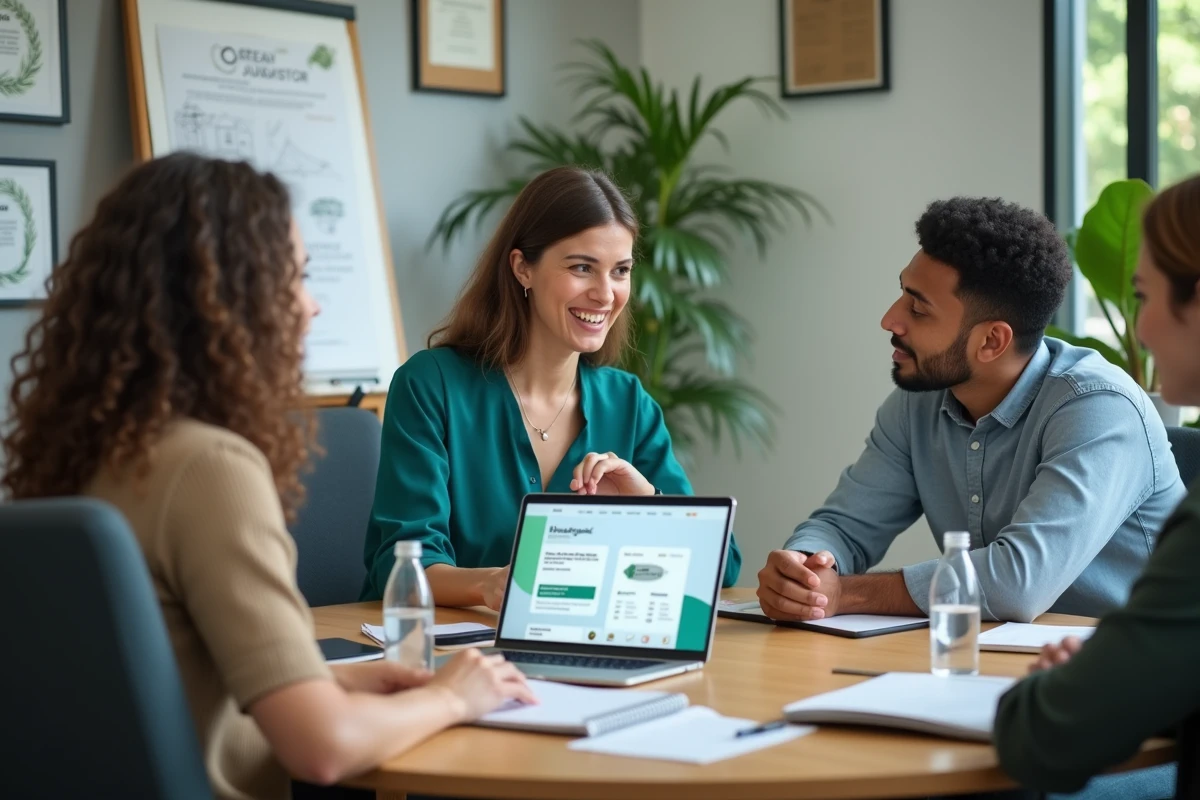 Équipe de professionnels discutant des offres d'emploi environnemental sur la plateforme réseau TEE en salle de réunion