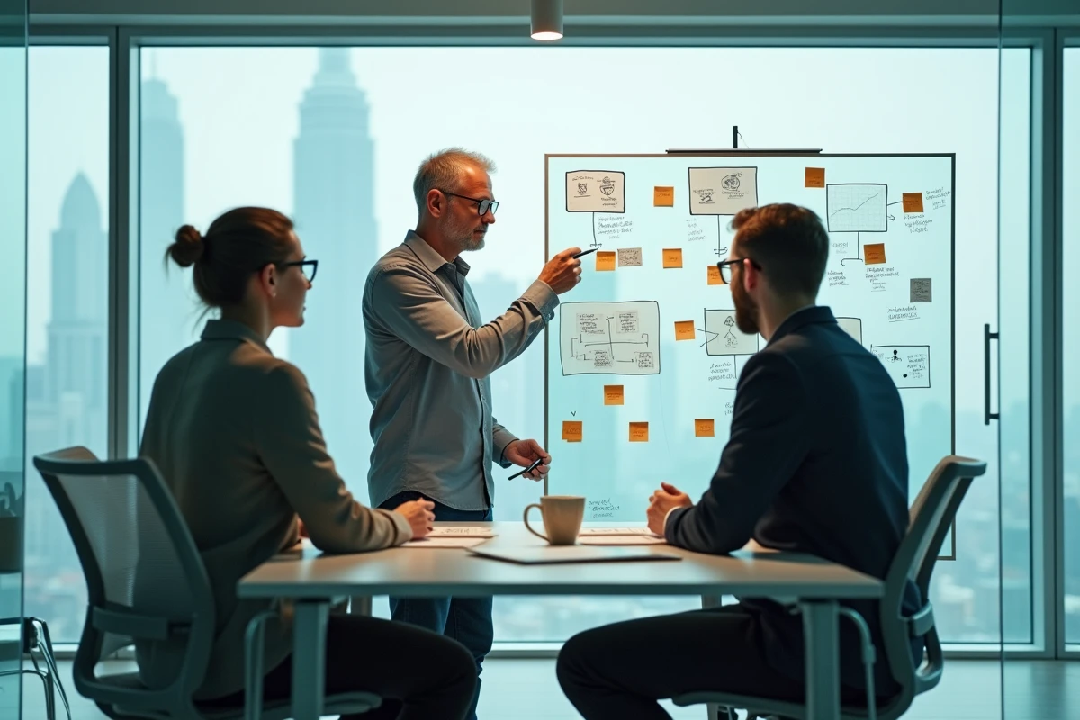 Équipe de professionnels collaborant sur une stratégie digitale autour d'un tableau blanc dans un espace de coworking