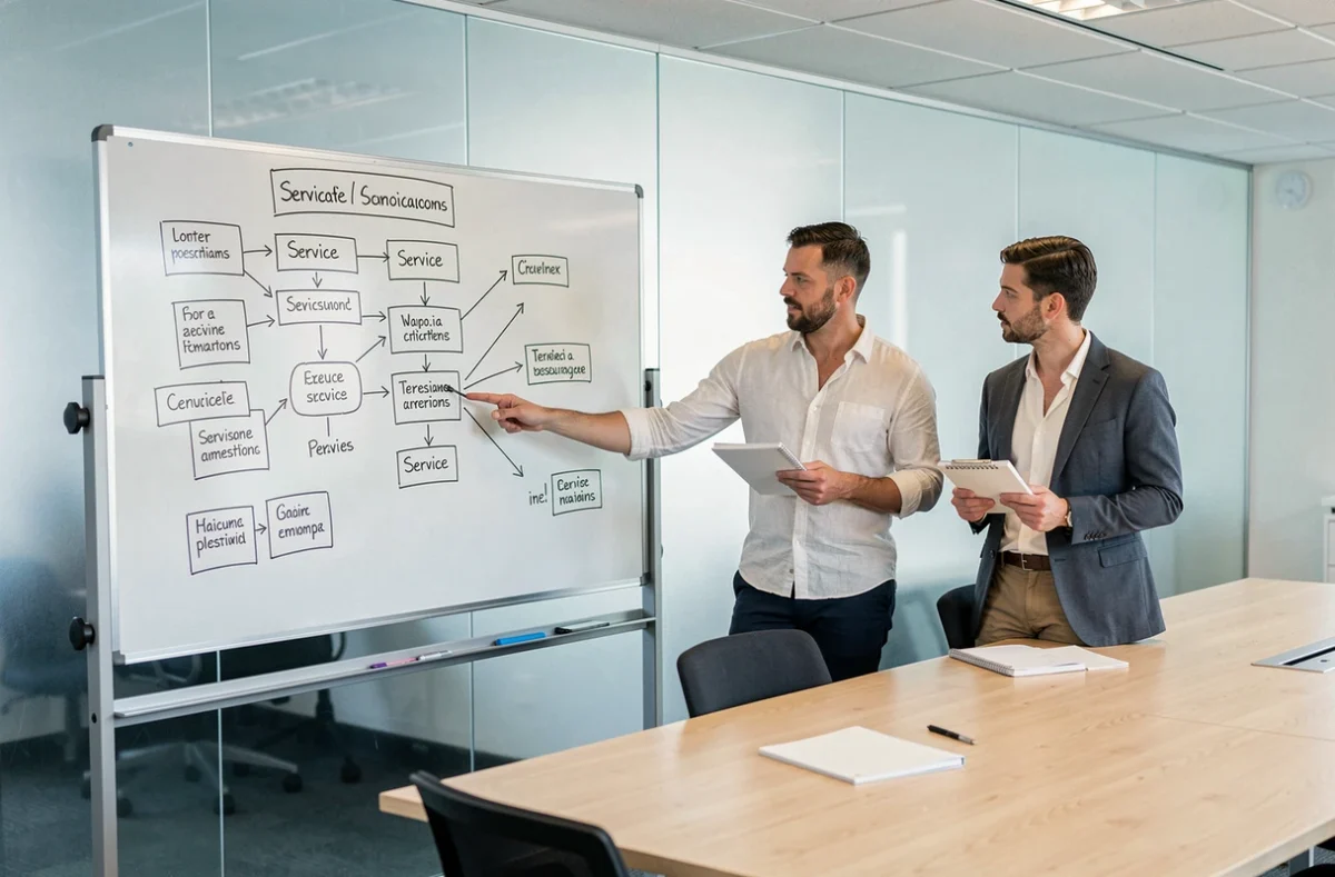 Équipe professionnelle structurant une offre commerciale claire autour d'un tableau blanc en salle de réunion