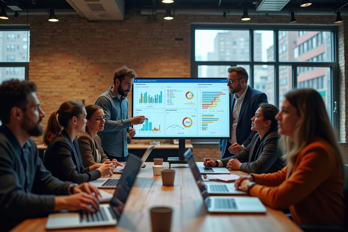 Groupe de professionnels analysant des graphiques dans un open space