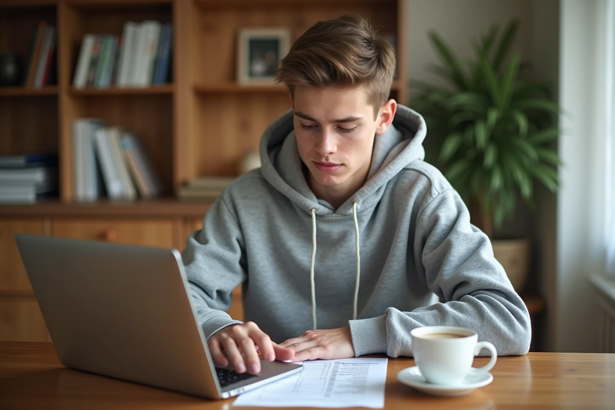 Étudiant préparant sa check-list de rémunération de stage depuis chez lui avec un ordinateur portable