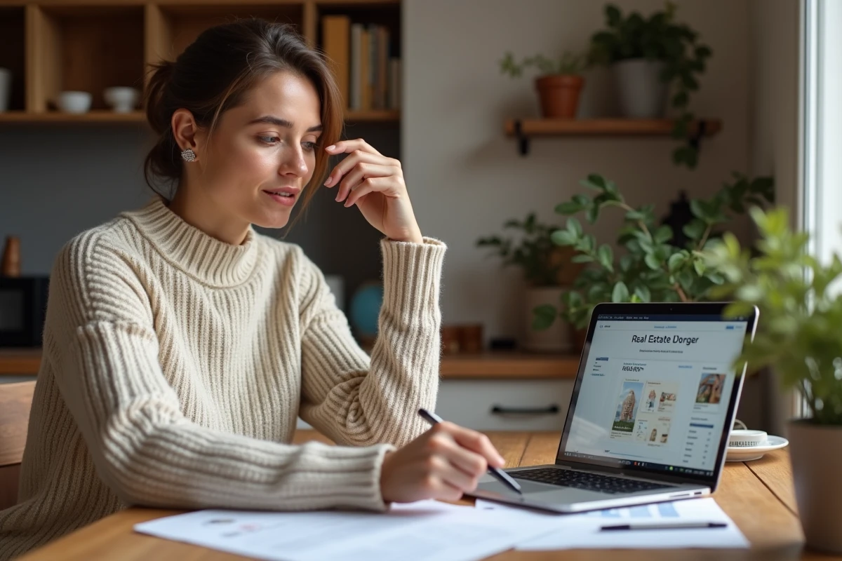 Une femme en train d'analyser des documents liés à la plateforme Batiav avant de signer un contrat immobilier