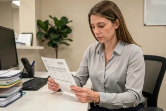 Femme en tenue professionnelle analysant une fiche de paie CCN 51 à son bureau dans un environnement administratif de santé