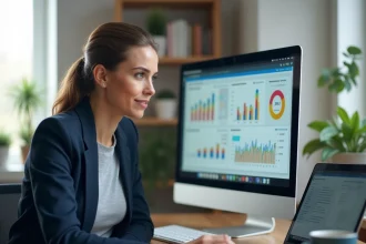 Femme entrepreneur analysant des tableaux de bord e-commerce et métriques de panier moyen sur un écran dans un bureau moderne
